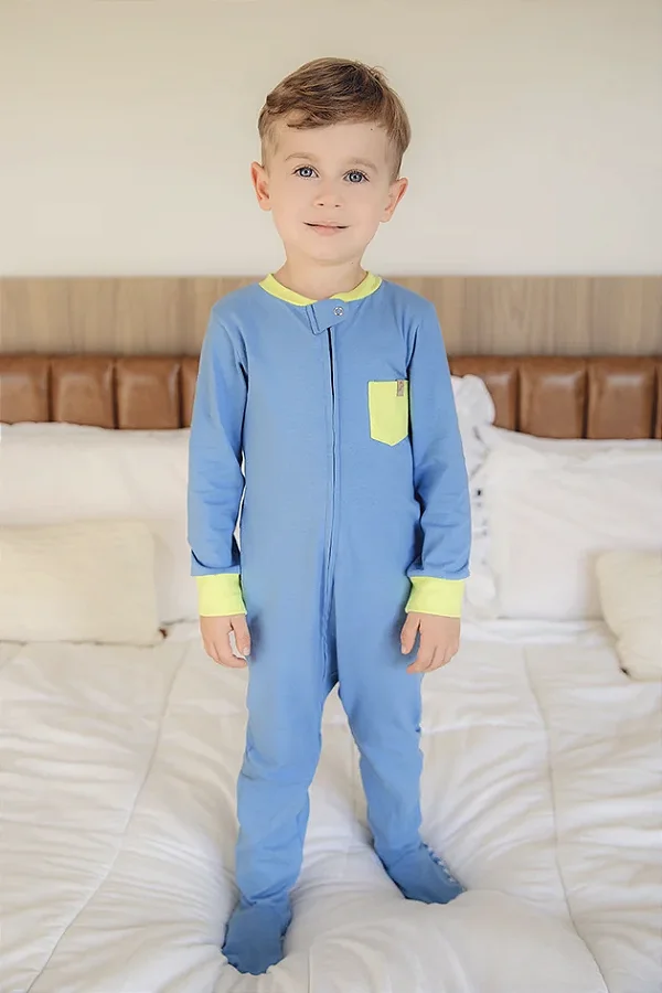 Macacão Zíper 2 Vias Azul Jeans com detalhes Neon com Punho - Welpie