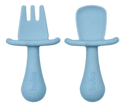 Kit Talher Garfo E Colher Silicone Introdução Alimentar - Buba/ Azul