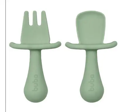 Kit Talher Garfo E Colher Silicone Introdução Alimentar - Buba/ Verde