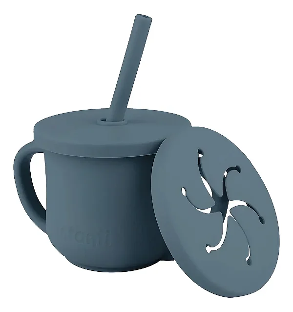 Copo Infantil Silicone 2 em 1 Canudo Snack Piccolo Azul Infanti