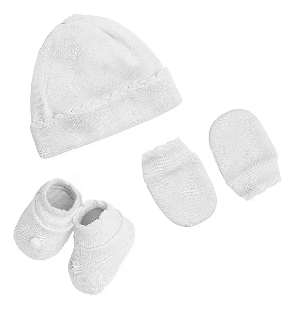 Kit Bebê Recém Nascido Rn Gorro Luva Sapatinho Pimpolho - Branco