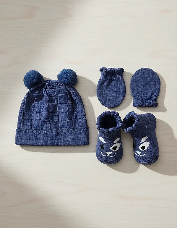 Kit Bebê Recém Nascido Rn Gorro Luva Sapatinho Pimpolho - Azul Jeans