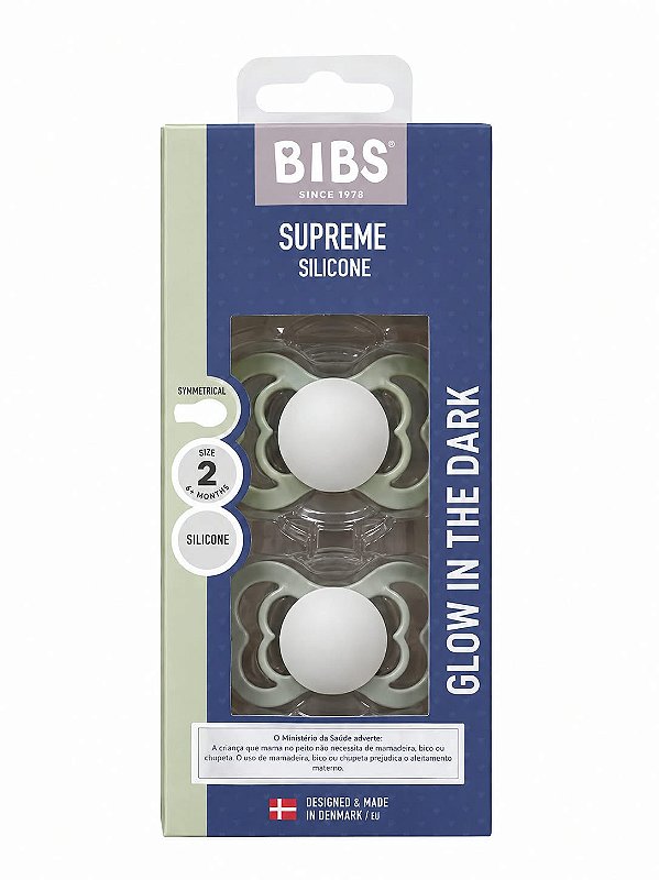Chupetas Brilham no Escuro Verde Sálvia e Cinza Nuvem Tam 2 Kit com duas - Bibs