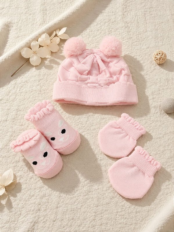 Kit Bebê Recém Nascido Rn Gorro Luva Sapatinho Pimpolho - Rosa