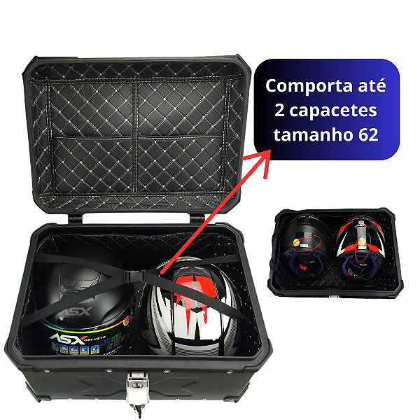 Baú 65L  Aluminio Prata Bauleto Bagageiro Universal  2 capacetes Com suporte