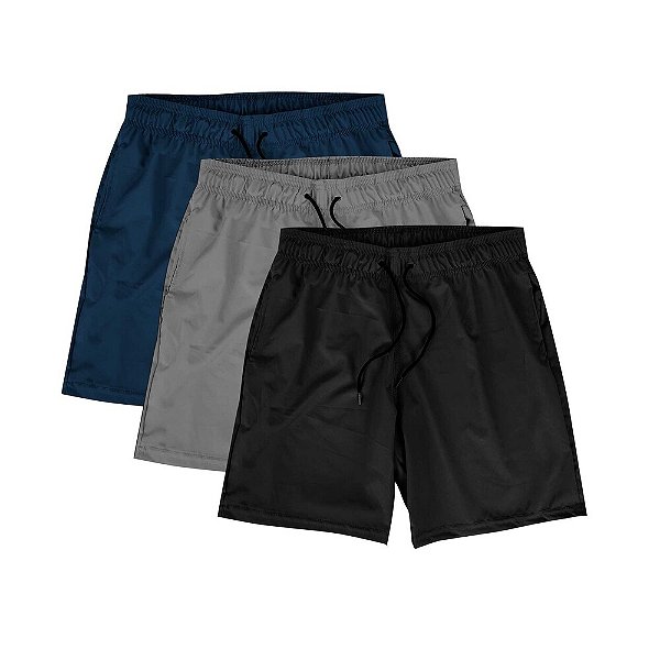 Kit 3 Shorts Masculinos Corrida Academia Praia Elastano Premium Tactel WSS Basic Preto, Azul e Cinza
