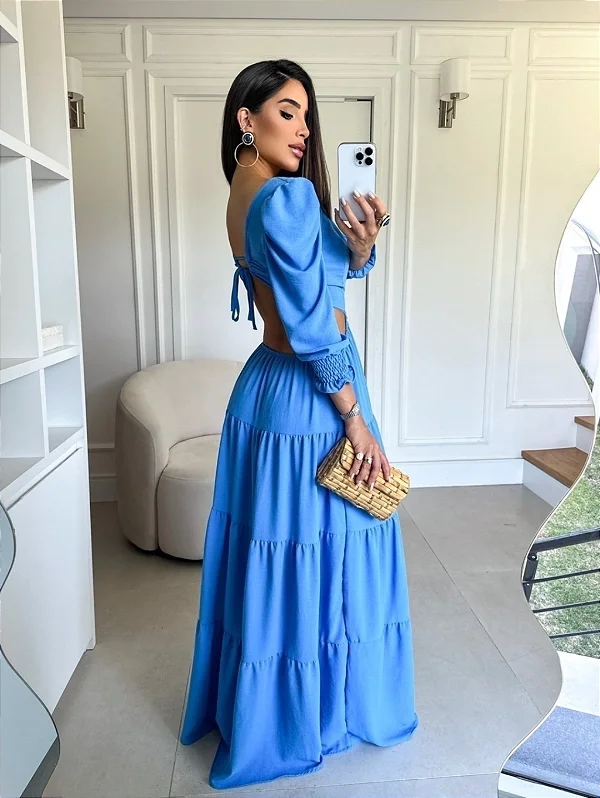 Vestido longo manga princesa azul