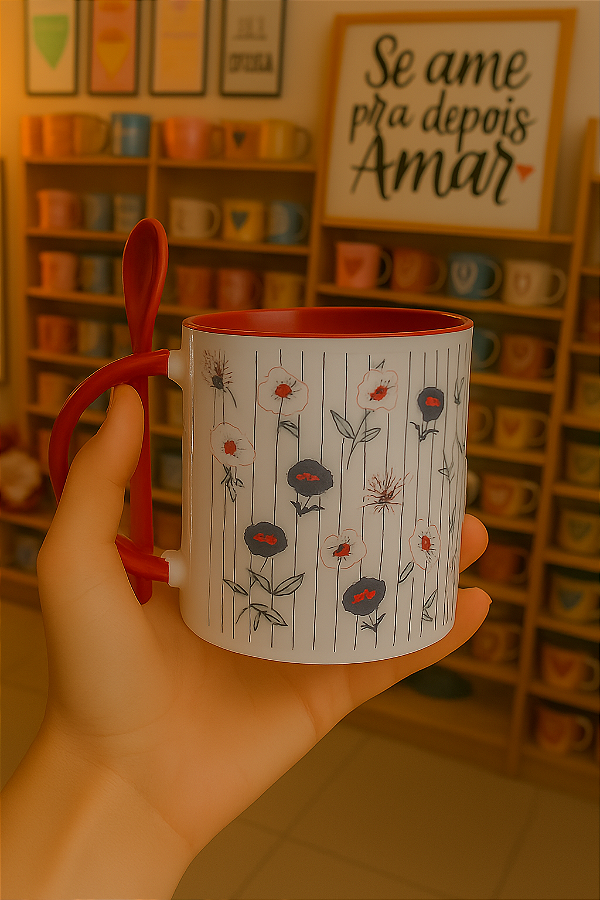 Caneca Personalizada com Colher – Interior Vermelho 325 ml