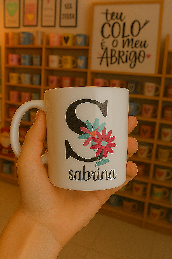 Caneca branca com a inicial do nome de A a Z e frase personalizada.