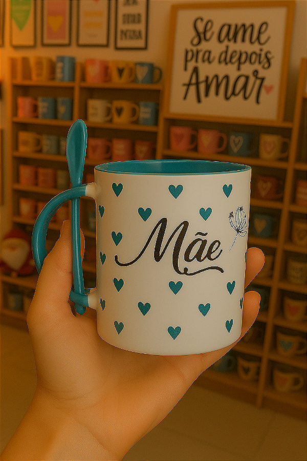 Caneca Personalizada com Colher – Interior Azul 325 ml