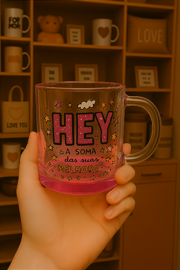 Caneca de Vidro Incolor Rosa ou Azul Personalizada 300ml