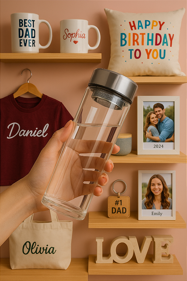 Garrafa Personalizada de Vidro Com Infusor E Tampa Azul Perolizada 300ml