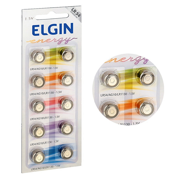 Cartela com 10 unidades Bateria Alcalina Elgin LR54/AG10
