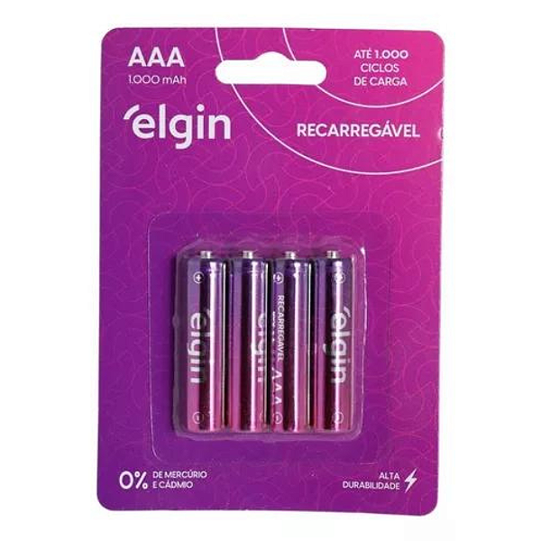 Pilha recarregável AAA 1000mAh Elgin com 4 unidades Palito