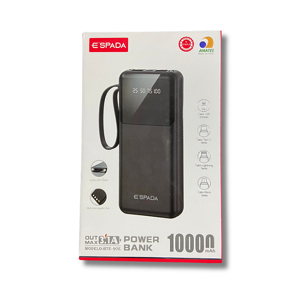 CARREGADOR PORTATIL 10000MAH 3.1A ESPADA BTE-90E