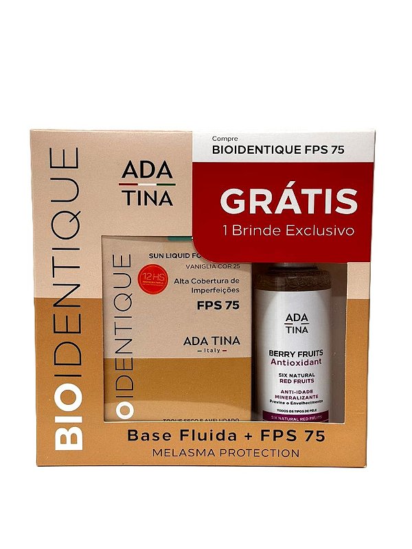 Base Liquida Fluida FPS75 - Cor: Vaniglia 25 - 30ml + Loção Anti-idade Berry Fruits 100ml - Ada Tina