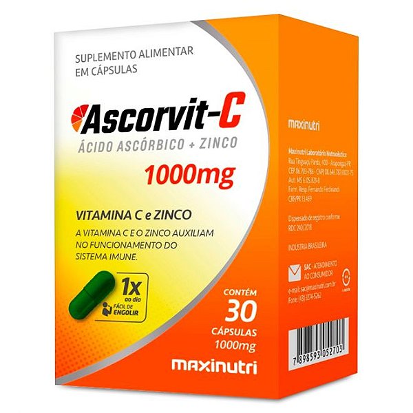 Suplemento Vitamínico Ascorvit-C Zinco 1000mg c /30 Cápsulas