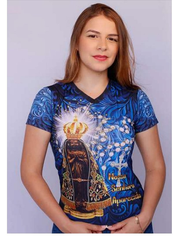 Camiseta Feminina Nossa Senhora Aparecida  Azul escuro  Baby look