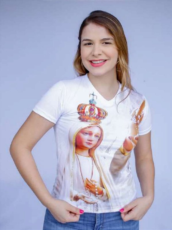 Camiseta Feminina Nossa Senhora de Fatima Branca Baby look