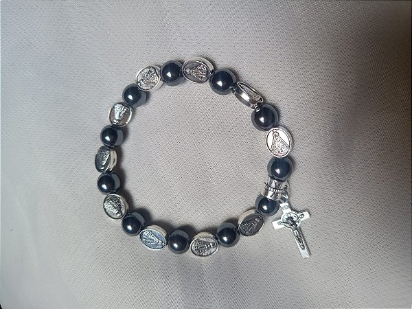 Pulseira Nossa Senhora Aparecida com pingente crucifixo - Hematita