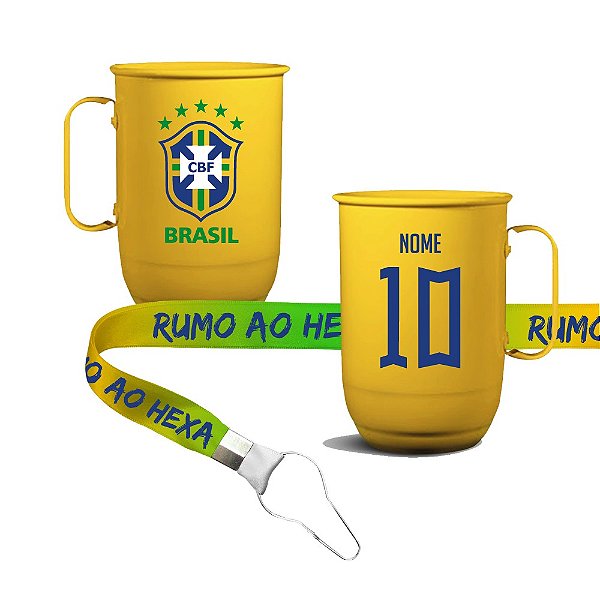 Caneca de Alumínio Copa do Mundo Brasil 600ml Personalizada + Tirante Personalizado