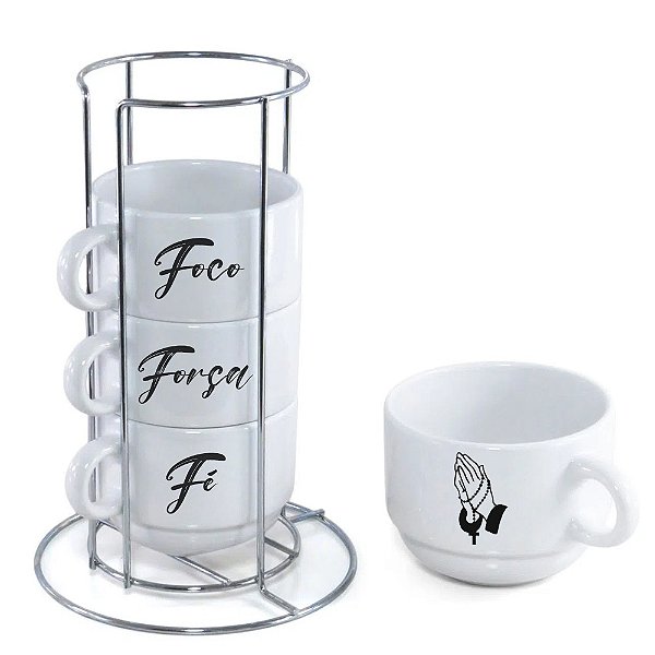 Kit 4 Xícaras de Porcelana + Suporte 180ml Branca Personalizada