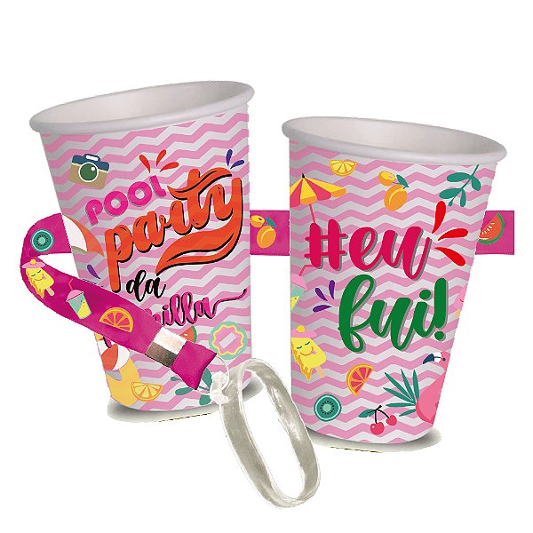 Kit 100 Copos Ecológico 430ML 360º Com Tirante - Personalizado - Pool Party