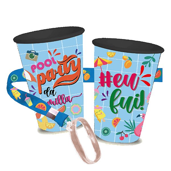 Kit 100 Copos Ecológico 550ML 360º Com Tirante - Personalizado - Pool Party