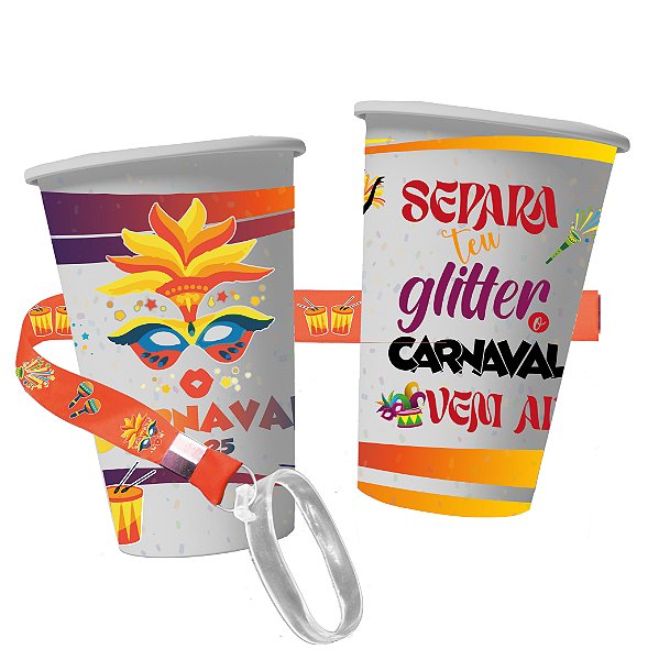 Kit 100 Copos Ecológico 430ML 360º Com Tirante - Personalizado - Separa teu glitter o carnaval vem ai