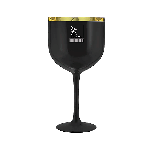 Taça de Gin Preto Fosco com Borda Metalizada Dourada - Personalizada