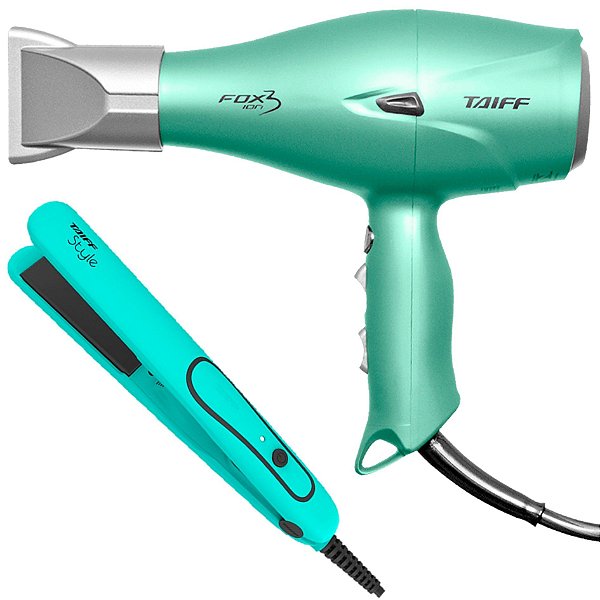 KIT TAIFF - SECADOR PROFISSIONAL FOX ION 3 SOFT GREEN 2200W 220V + PRANCHA STYLE AZUL TIFFANY 210ºC