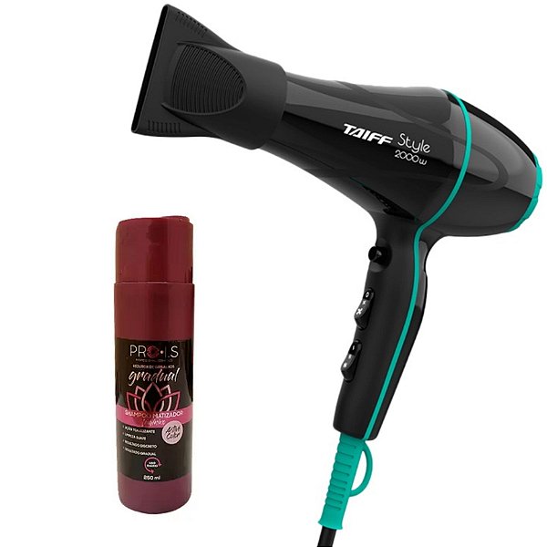KIT - SECADOR TAIFF STYLE PRETO 2000W 127V + SHAMPOO MATIZADOR FEMININO ESCURECEDOR PRO I.S 250ML