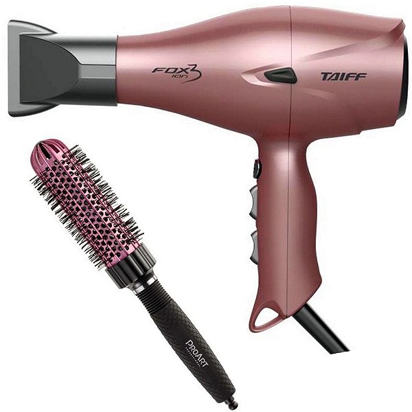 KIT - SECADOR TAIFF FOX ION 3 ROSÊ 2200W 220V + PROART ESC. PROFESSIONAL VENT PRO ROSA 33MM - EPT05B