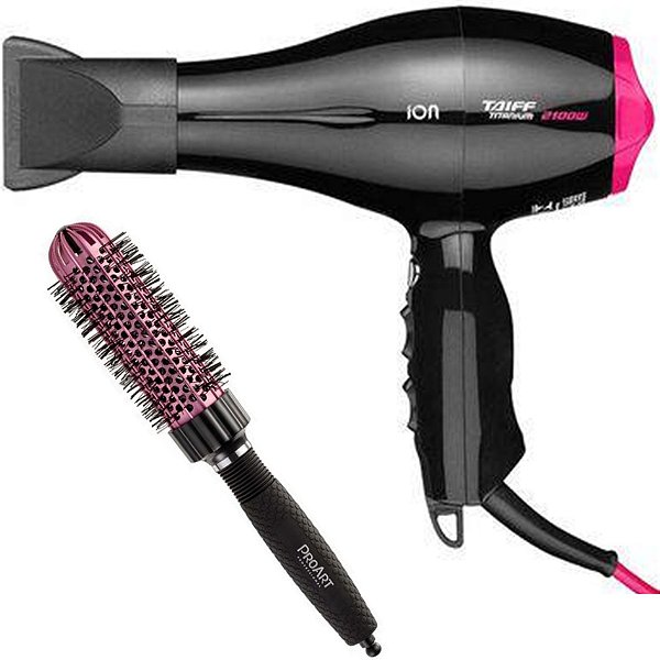 KIT SECADOR TAIFF TITANIUM COLORS ION PINK 2100W 220V + PROART ESC PROF VENT PRO ROSA 33MM - EPT05B