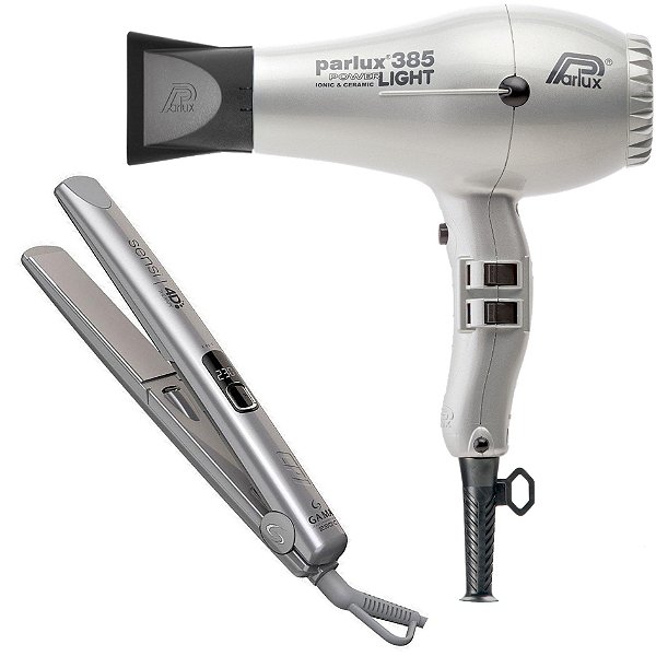 KIT - SECADOR PARLUX 385 POWER LIGHT PRATA 2150W 220V + PRANCHA GAMA SENSI 4D THERAPY IHT MOON 230°C
