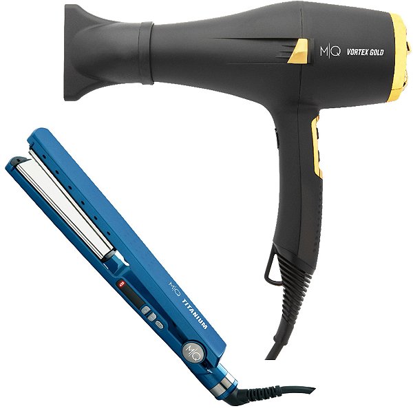 KIT MQ - SECADOR DE CABELO PROFISSIONAL VORTEX GOLD 2200W 127V + PRANCHA TITANIUM BLUE 450°F / 232°C
