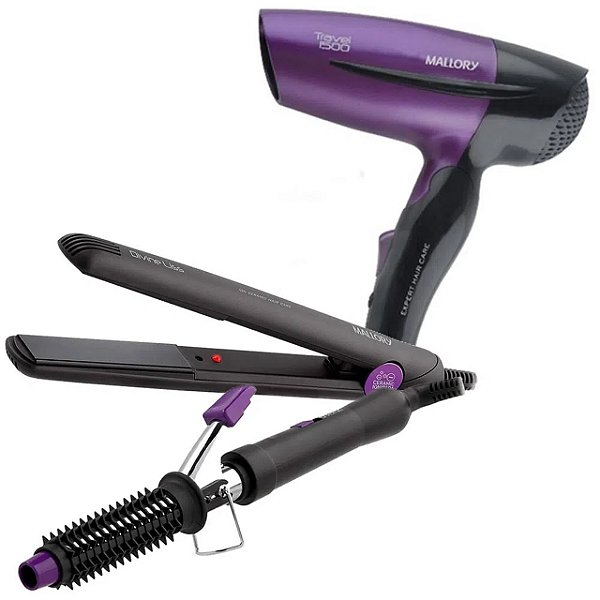 KIT MALLORY - SECADOR TRAVEL 1500 1250W + PRANCHA DIVINE LISS 210ºC + MODELADOR STYLE 2 EM 1 19MM