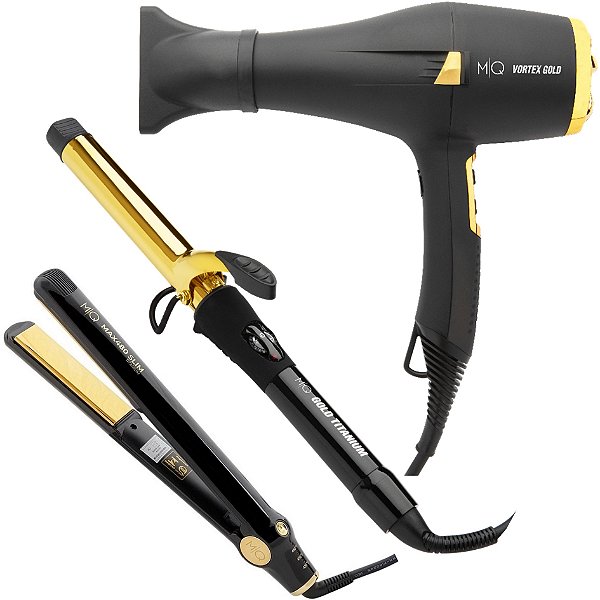 KIT MQ - SECADOR VORTEX GOLD 2200W 127V + PRANCHA MAX480 SLIM 250ºC + MODELADOR TITANIUM 32MM 230ºC