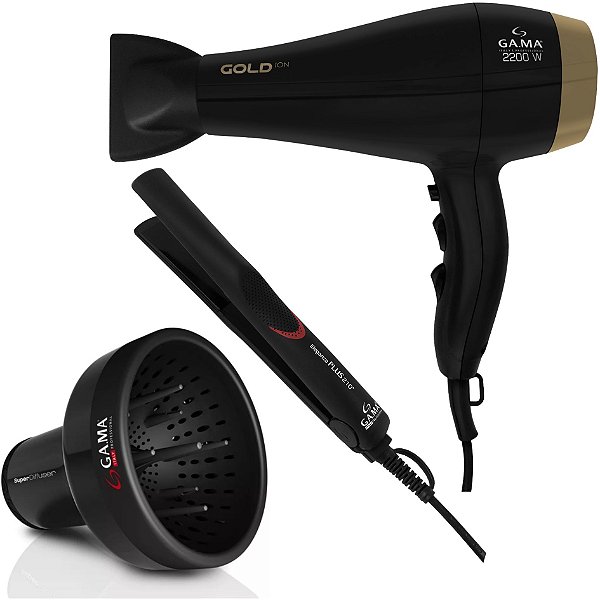 Kit Gama - Secador Gold Ion 2200w 127v + Prancha Eleganza Plus Ceramic Ion 210ºc + Difusor