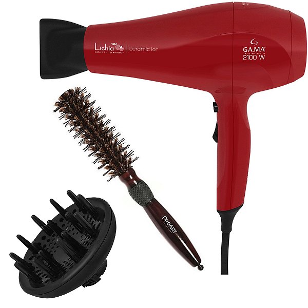 Kit - Secador Gama Lichia Ceramic Ion 2100w 220v + Escova Proart Miracle Shine 21mm 2d733 Madeira 'p