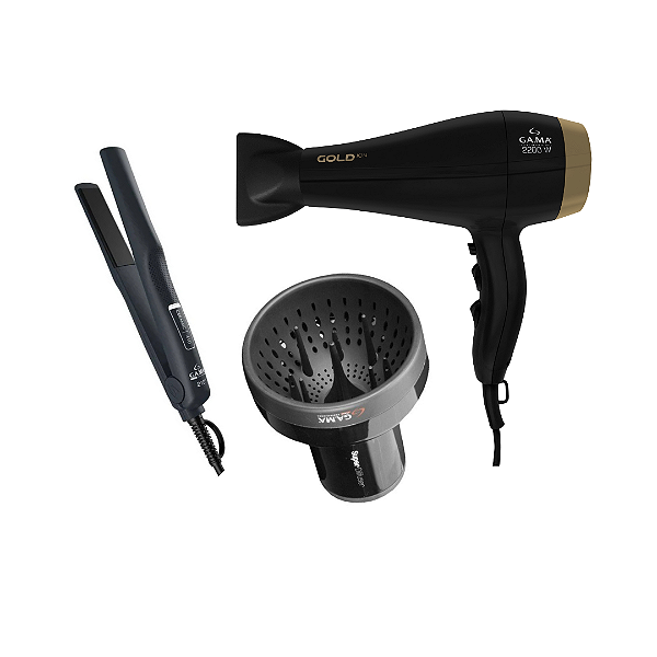 Kit Gama - Secador Gold Ion 2200w 127v + Chapinha Prancha Gama 410 Ceramic  Bivolt + Difusor