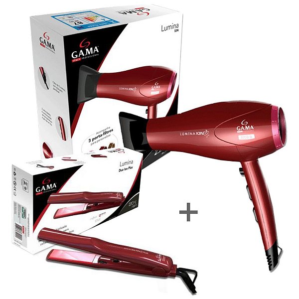 KIT GAMA SECADOR PROFISSIONAL LUMINA ION 2200W 220V + PRANCHA LUMINA DUO ION PLUS 220ºC - BIVOLT