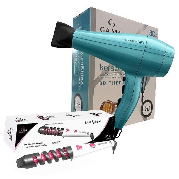 KIT GAMA - SECADOR ITALY KERA-SHINE 3D 2100W 220V + MODELADOR DE CACHOS DUO SPIRALE 180°C - BIV