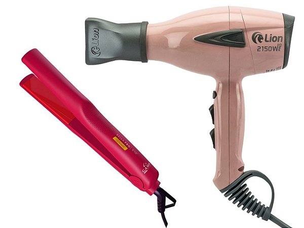 KIT - SECADOR PROF. LION LS07 2150W ROSA 220V + PRANCHA GAMA BELLA PRO CERAMIC 210ºC