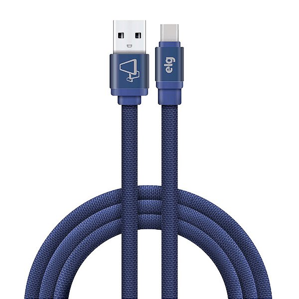 Cabo Tipo-C ELG  em Tecido Canvas azul  Reforçado para Recarga rápida 1 ano de garantia
