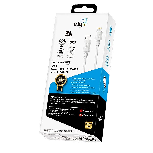 Cabo ELG USB Tipo C para Lightning 3A 15W - Carga rápida - 2 Metros - 1 ano de garantia