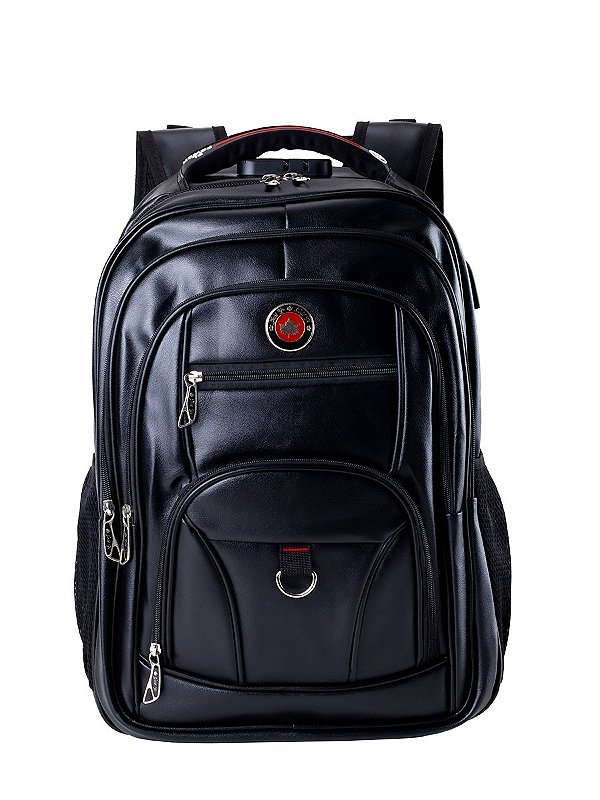 mochila couro ecológico masculina c/ conectores e cabo para carregador portátil e cadeado trava zíper