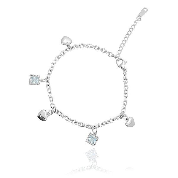Pulseira com pingentes de coração e zircônia de aço