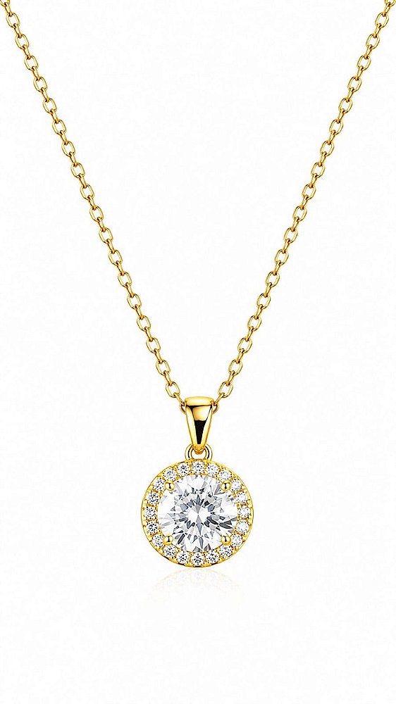 Colar cristal redondo cravejado de aço inox banho ouro