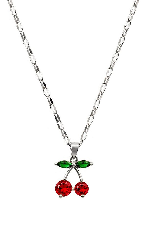 Colar com pingente cereja de aço inox